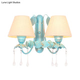 Blue Fabric Wall Sconce With Clear Glass Drop - Countryside Style