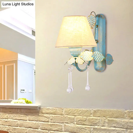 Blue Fabric Wall Sconce With Clear Glass Drop - Countryside Style