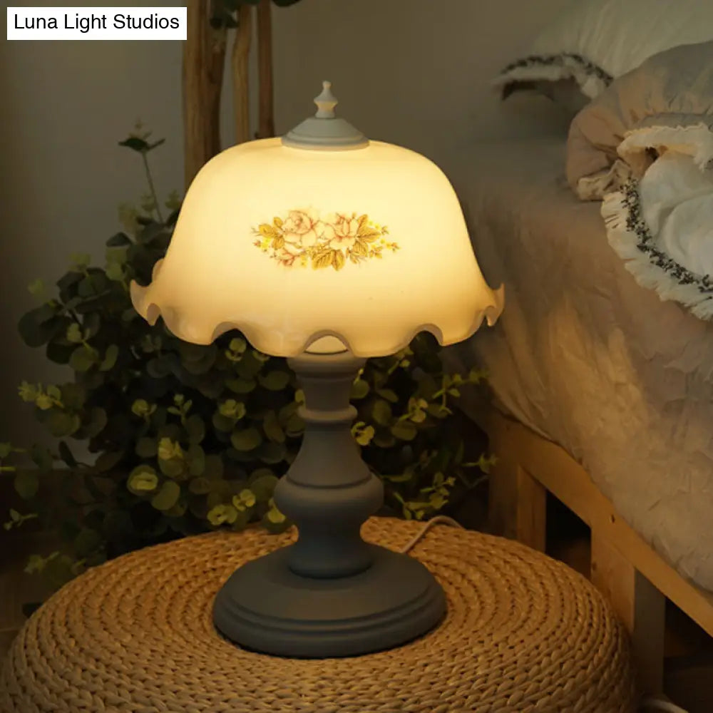 Blue Floral Nightstand Lamp With Opal Glass Dome And Baluster Base - Minimalist Table Lighting