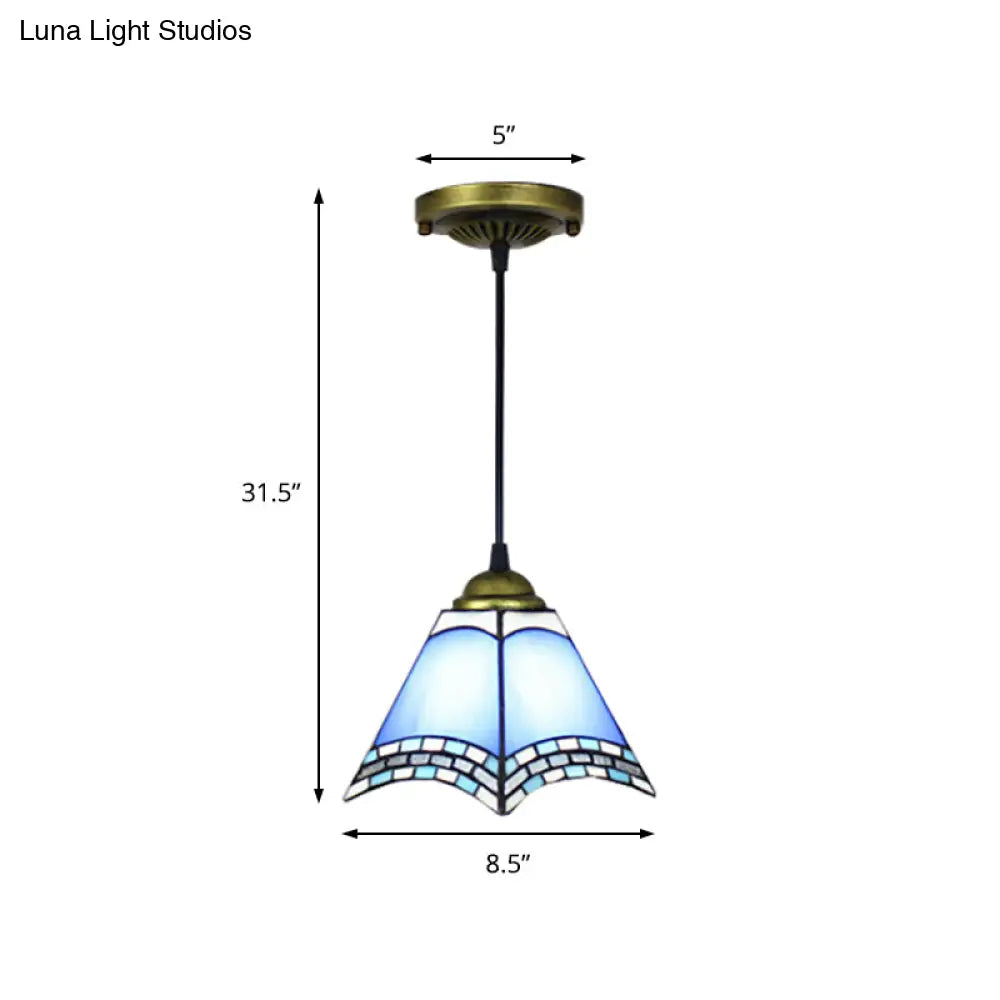 Blue Geometric Glass Ceiling Pendant Light - Mediterranean Style For Living Room