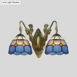 Blue Glass Antique Brass Sconce With 2 Dome Heads - Mediterranean Wall Light Fixture