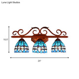 Blue Glass Bell Vanity Wall Light With Mediterranean Style And Copper Scroll Arm - 3 Bulbs Sconce