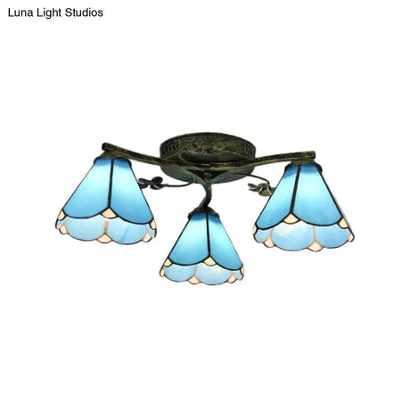 Blue Glass Cone Ceiling Light - Tiffany Style Semi Flush With Flower Design Ideal For Living Room