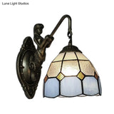 Blue Glass Grid Wall Mount Tiffany Antique Brass Sconce Light