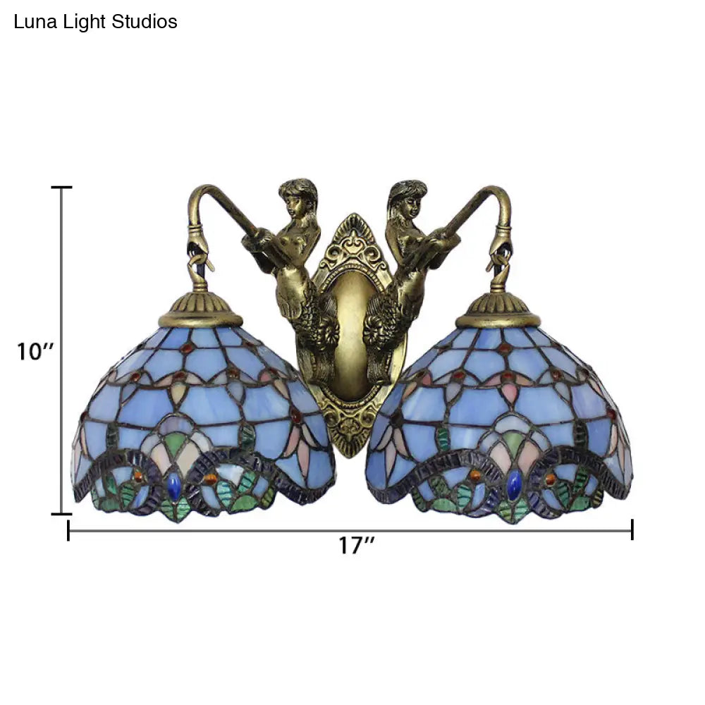 Blue Glass Mediterranean Dome Wall Sconce With 2 Lights - Perfect For Living Room Lighting