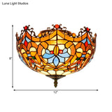 Blue Hand Cut Glass Ceiling Mount Light Scalloped Baroque Design 12’/16’ Width 2/3 Lights