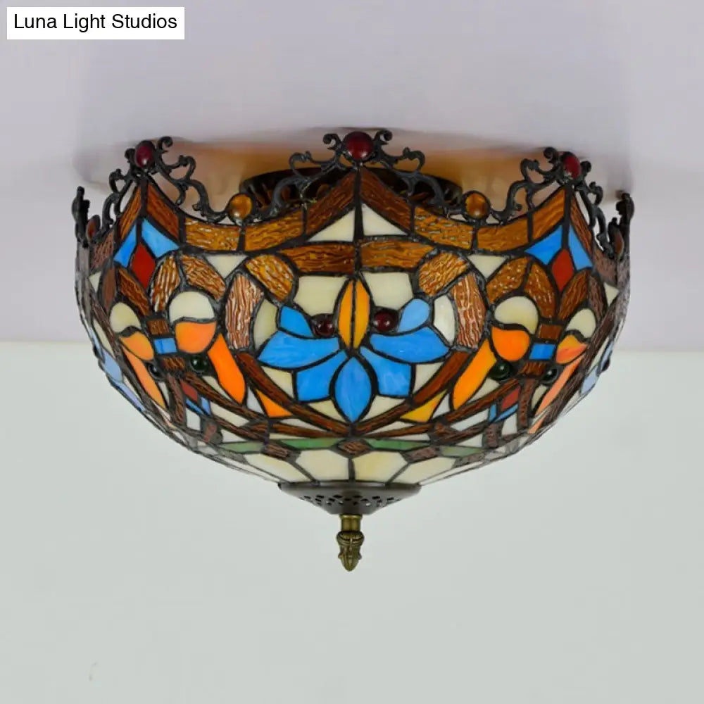 Blue Hand Cut Glass Ceiling Mount Light Scalloped Baroque Design 12’/16’ Width 2/3 Lights