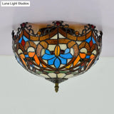 Blue Hand Cut Glass Ceiling Mount Light Scalloped Baroque Design 12’/16’ Width 2/3 Lights