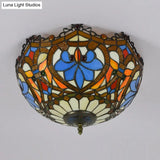 Blue Hand Cut Glass Ceiling Mount Light Scalloped Baroque Design 12’/16’ Width 2/3 Lights