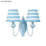 Blue Kids Wall Lamp With Tapered Shade For Study Room - 2 Heads Fabric & Metal Design