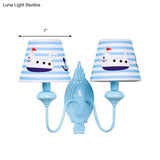 Blue Kids Wall Lamp With Tapered Shade For Study Room - 2 Heads Fabric & Metal Design