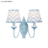 Blue Kids Wall Lamp With Tapered Shade For Study Room - 2 Heads Fabric & Metal Design