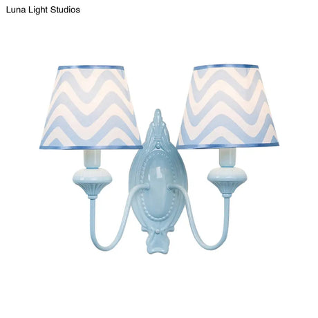 Blue Kids Wall Lamp With Tapered Shade For Study Room - 2 Heads Fabric & Metal Design