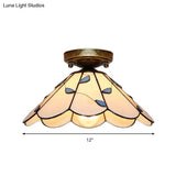 Blue Leaf Lodge Style Indoor Flush Mount Ceiling Light - Stained Glass White/Clear For Bedroom