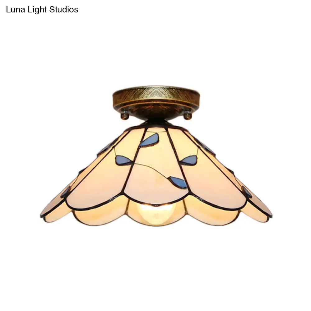 Blue Leaf Lodge Style Indoor Flush Mount Ceiling Light - Stained Glass White/Clear For Bedroom