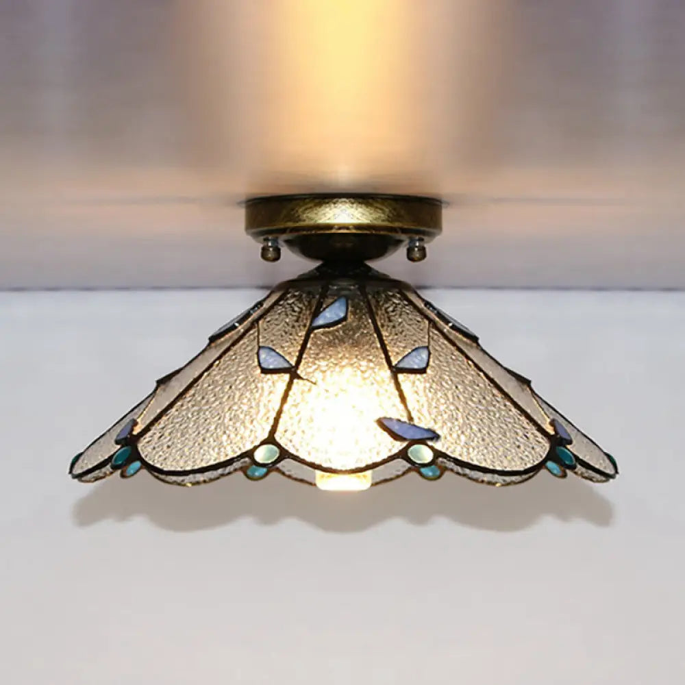 Blue Leaf Lodge Style Indoor Flush Mount Ceiling Light - Stained Glass White/Clear For Bedroom Clear
