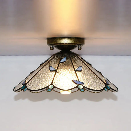 Blue Leaf Lodge Style Indoor Flush Mount Ceiling Light - Stained Glass White/Clear For Bedroom Clear