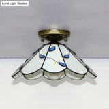 Blue Leaf Lodge Style Indoor Flush Mount Ceiling Light - Stained Glass White/Clear For Bedroom