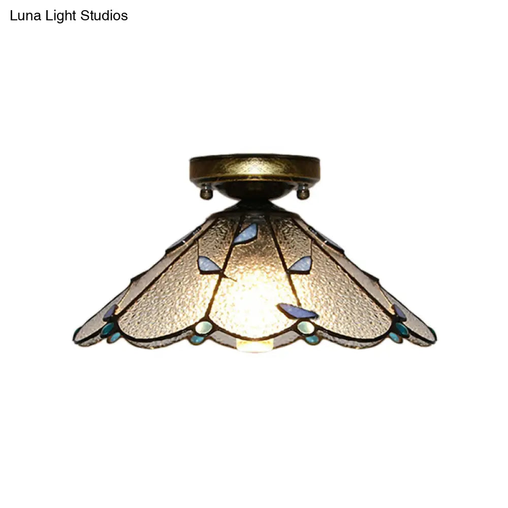 Blue Leaf Lodge Style Indoor Flush Mount Ceiling Light - Stained Glass White/Clear For Bedroom