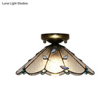 Blue Leaf Lodge Style Indoor Flush Mount Ceiling Light - Stained Glass White/Clear For Bedroom