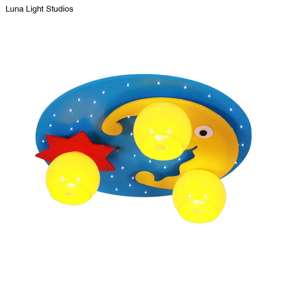 Blue Led Cartoon Ceiling Lamp For Child’s Bedroom - Wood Night View Flush Mount Light