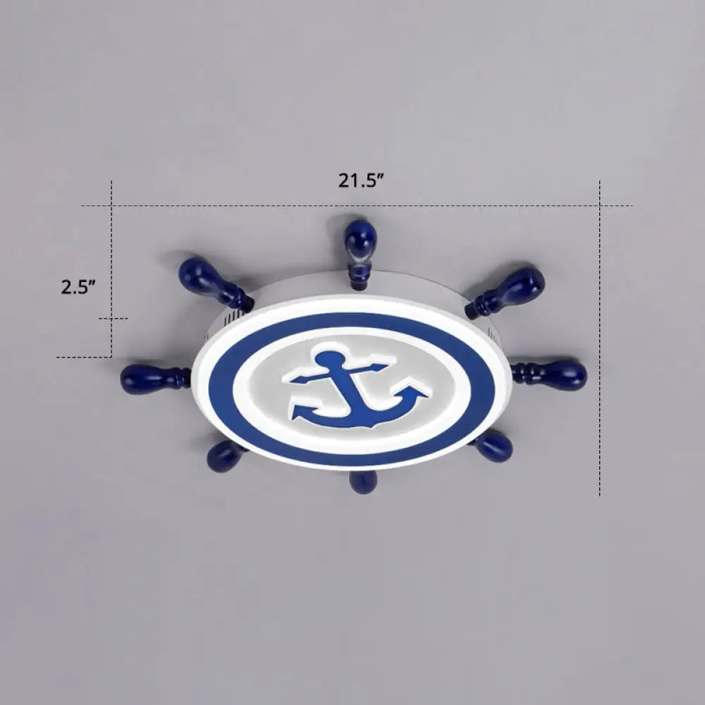 Blue Led Flushmount Ceiling Lamp For Kids Room With Cartoon Ship Rudder Design / 21.5’ White