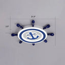 Blue Led Flushmount Ceiling Lamp For Kids Room With Cartoon Ship Rudder Design / 21.5’ White