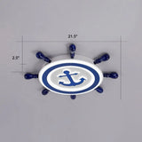 Blue Led Flushmount Ceiling Lamp For Kids Room With Cartoon Ship Rudder Design / 21.5’ White