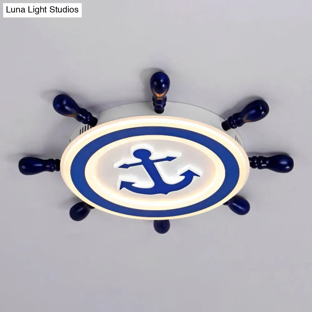 Blue Led Flushmount Ceiling Lamp For Kids Room With Cartoon Ship Rudder Design