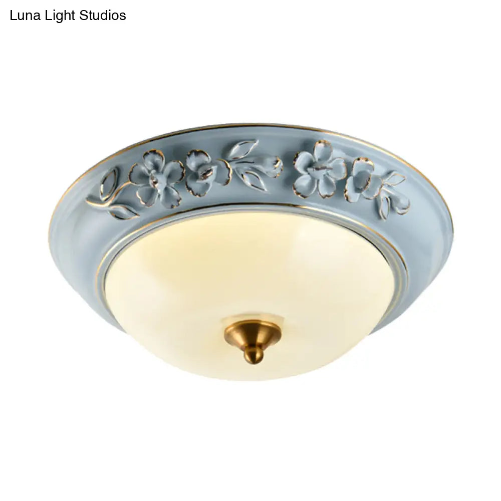 Blue Led Flushmount Ceramic Flower Ceiling Light With Lampshade - 12’/14’/18’ W