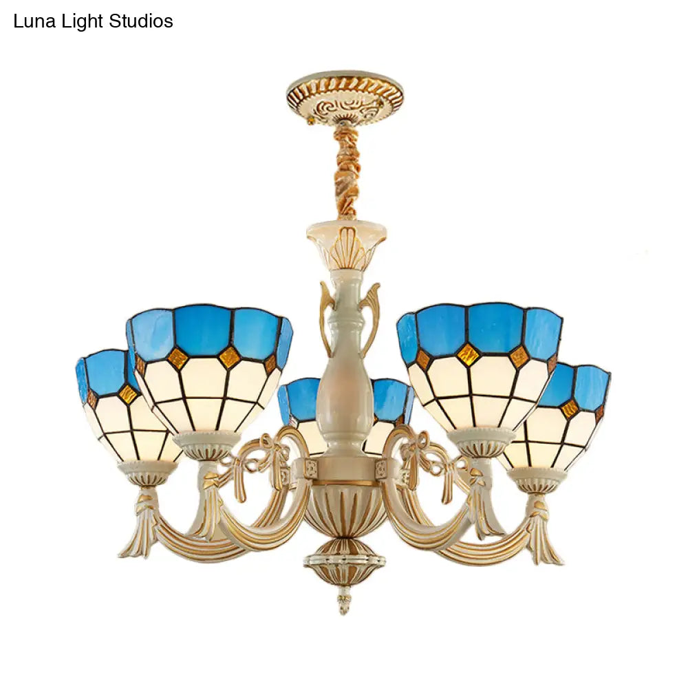 Blue Mediterranean Glass Pendant Chandelier With 5 Lights For Hallway