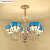 Blue Mediterranean Glass Pendant Chandelier With 5 Lights For Hallway