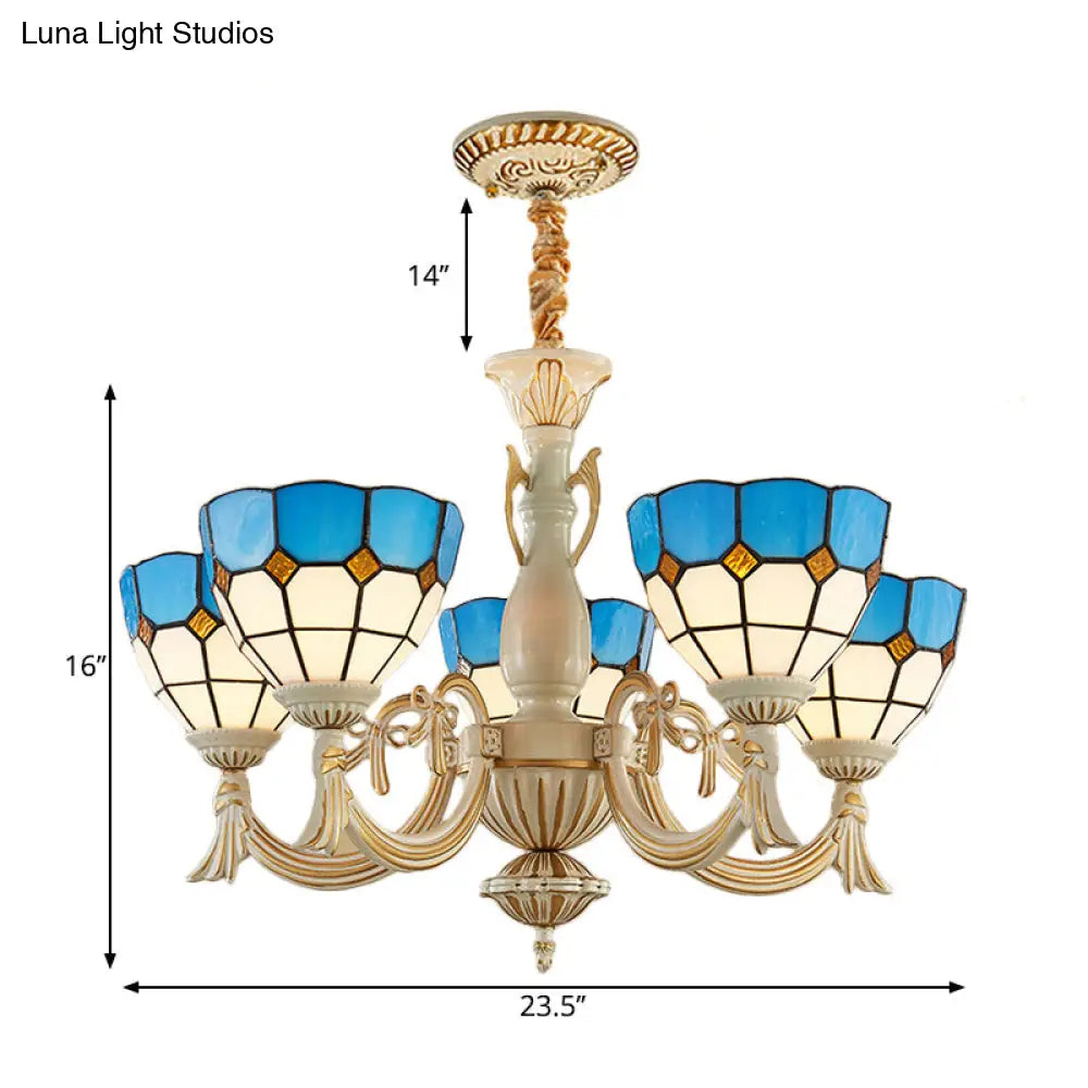Blue Mediterranean Glass Pendant Chandelier With 5 Lights For Hallway