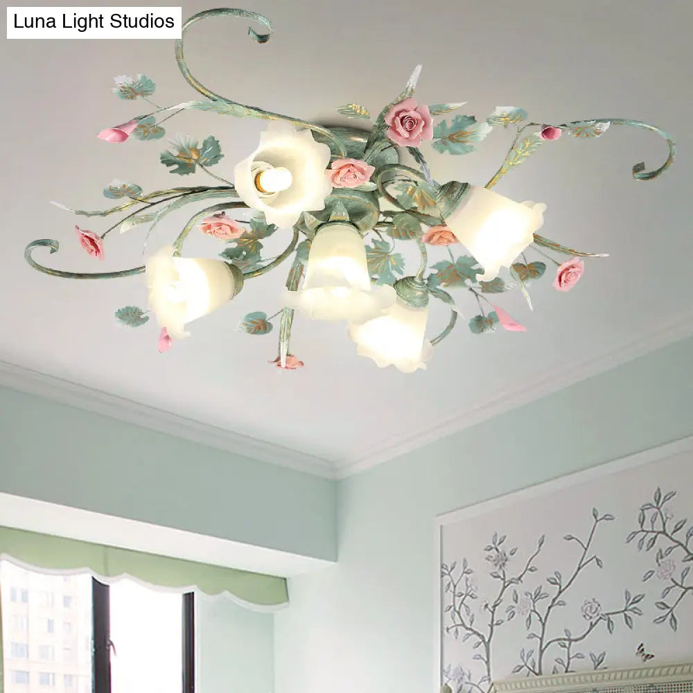 Blue Metal Floral Ceiling Fixture: Pastoral Semi Flush Mount Light With 4/5/9 Lights For Living Room