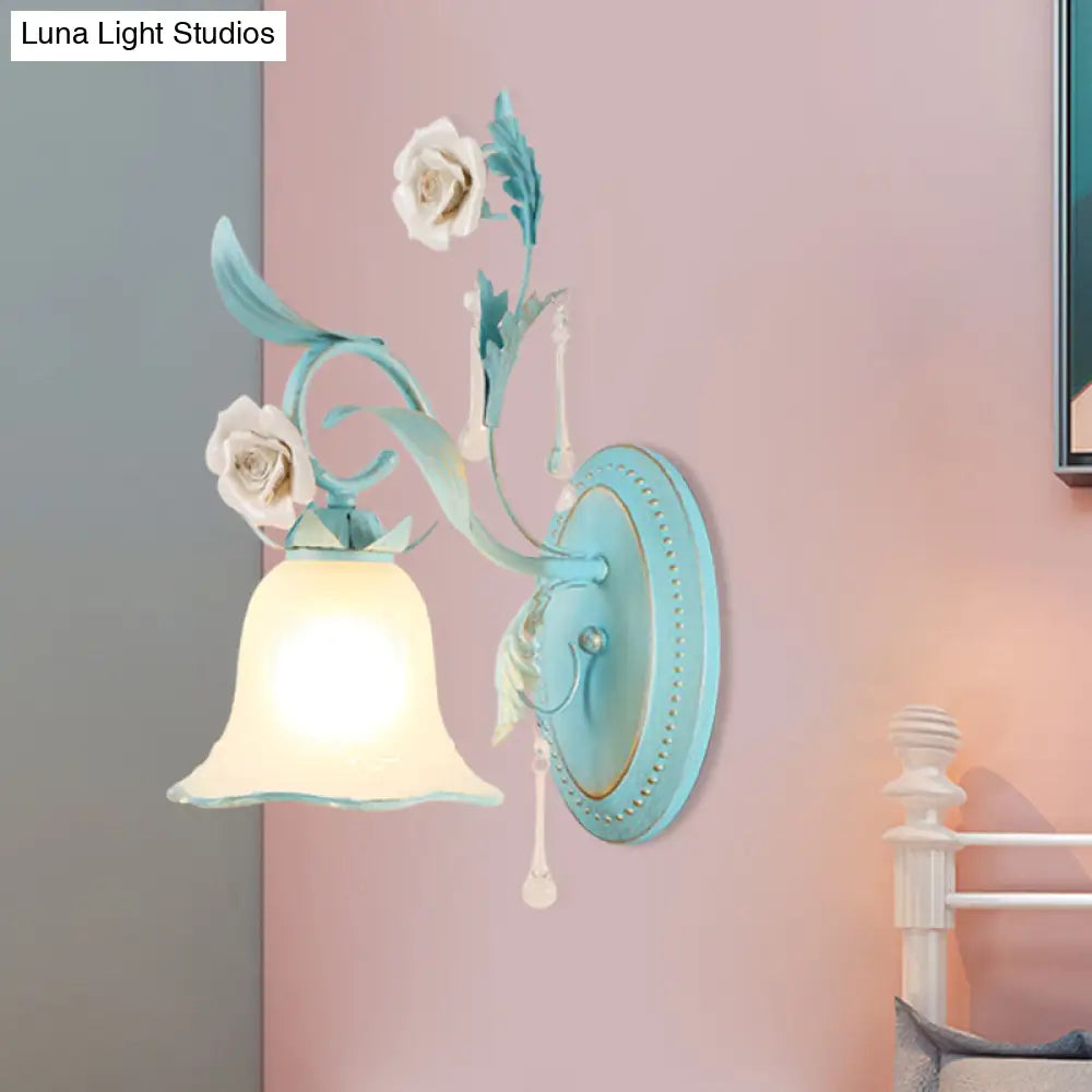 Blue Milk Glass Wall Mount Bell Shade Sconce Lamp - Romantic & Pastoral Lighting
