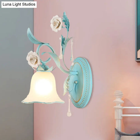 Blue Milk Glass Wall Mount Bell Shade Sconce Lamp - Romantic & Pastoral Lighting