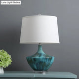 Blue Nordic Drum Fabric Night Lamp With Ceramic Base - 1 Light Table Lighting