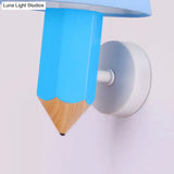 Blue Pencil Wall Light For Childs Bedroom - Modern Sconce With Tapered Shade