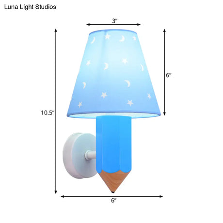 Blue Pencil Wall Light For Childs Bedroom - Modern Sconce With Tapered Shade