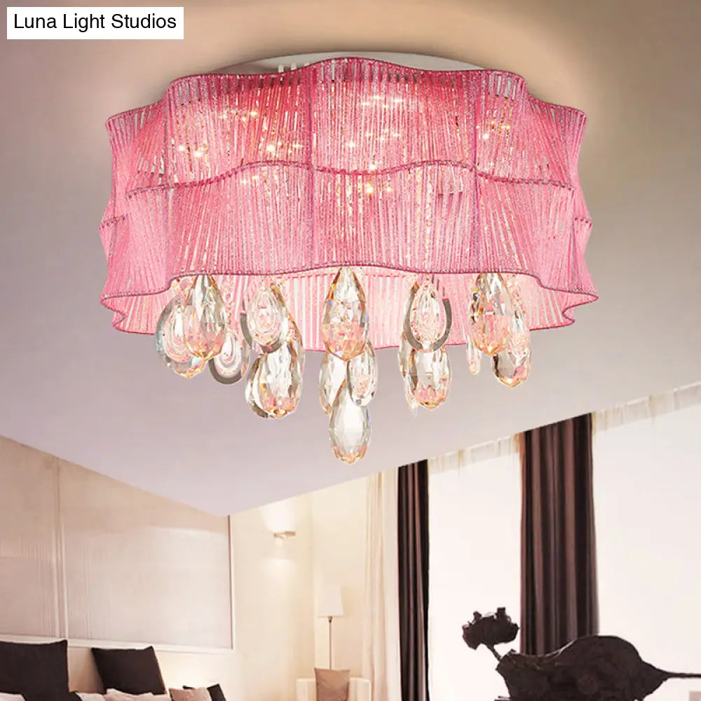 Blue/Pink Flower Flush Ceiling Lamp - Led Contemporary Fabric With Crystal Accents Bedroom Lighting