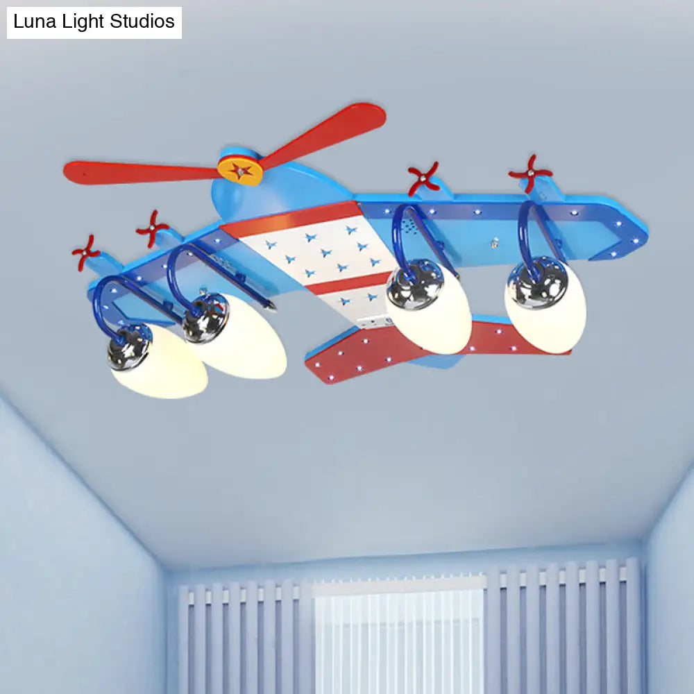 Blue Plane Ivory Glass Flushmount Lighting For Boys Bedroom - 3/4 Heads Ceiling Fixture
