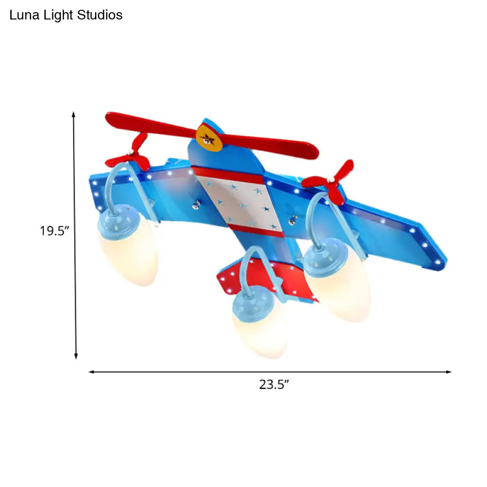 Blue Plane Ivory Glass Flushmount Lighting For Boys Bedroom - 3/4 Heads Ceiling Fixture