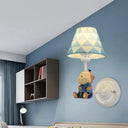 Blue Resin Monkey Sconce Light With Fabric Shade Single Bulb Animal Wall Lamp For Bedroom