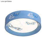 Blue Round Flush Mount Ceiling Light With Cartoon Plane Design - Perfect For Bedroom