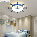 Blue Rudder Led Ceiling Flush Light For Kids With Acrylic Shade And Anchor Pattern