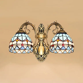 Blue Stained Glass Baroque Dome Wall Sconce With Curved Arm And 2 Lights