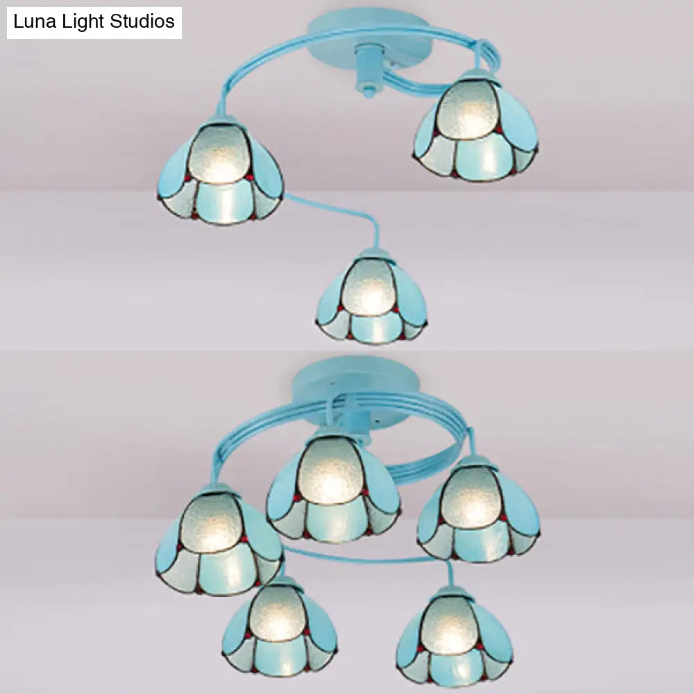 Blue Stained Glass Ceiling Flush Mount - Tiffany Style Semi Light Fixture With 3/5 Floral Lights