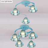 Blue Stained Glass Ceiling Flush Mount - Tiffany Style Semi Light Fixture With 3/5 Floral Lights
