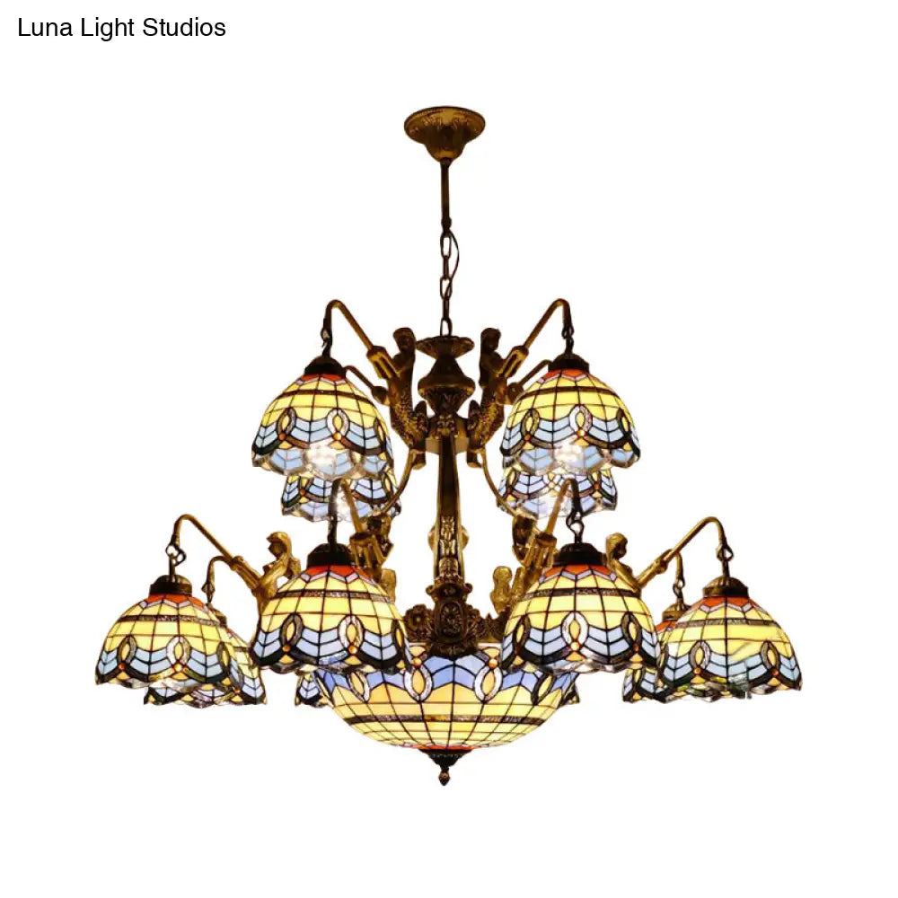 Blue Stained Glass Chandelier - Tiffany Style With 15 Lights And Baroque/Magnolia Pattern