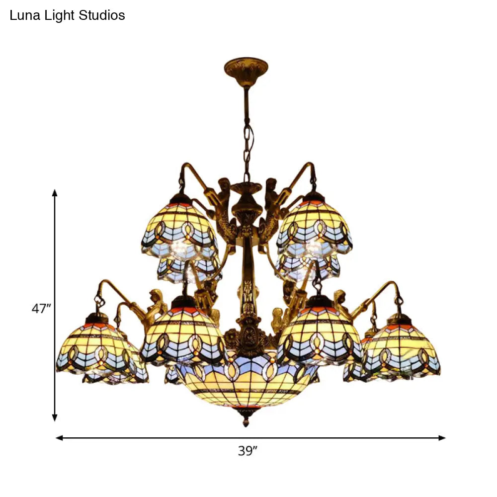 Blue Stained Glass Chandelier - Tiffany Style With 15 Lights And Baroque/Magnolia Pattern